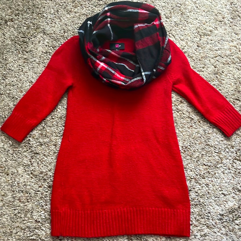 Red sweater dress w/ matching scarf. This can worn with leggings or tights